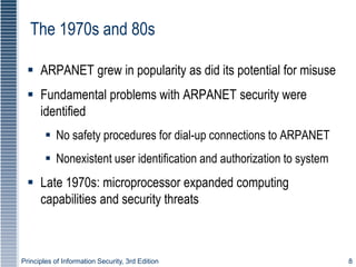 Principles of Information Security, 3rd Edition 8
The 1970s and 80s
 ARPANET grew in popularity as did its potential for misuse
 Fundamental problems with ARPANET security were
identified
 No safety procedures for dial-up connections to ARPANET
 Nonexistent user identification and authorization to system
 Late 1970s: microprocessor expanded computing
capabilities and security threats
 
