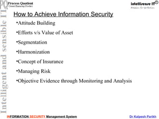 INFORMATION SECURITY Management System Dr Kalpesh Parikh
How to Achieve Information Security
•Attitude Building
•Efforts v/s Value of Asset
•Segmentation
•Harmonization
•Concept of Insurance
•Managing Risk
•Objective Evidence through Monitoring and Analysis
 