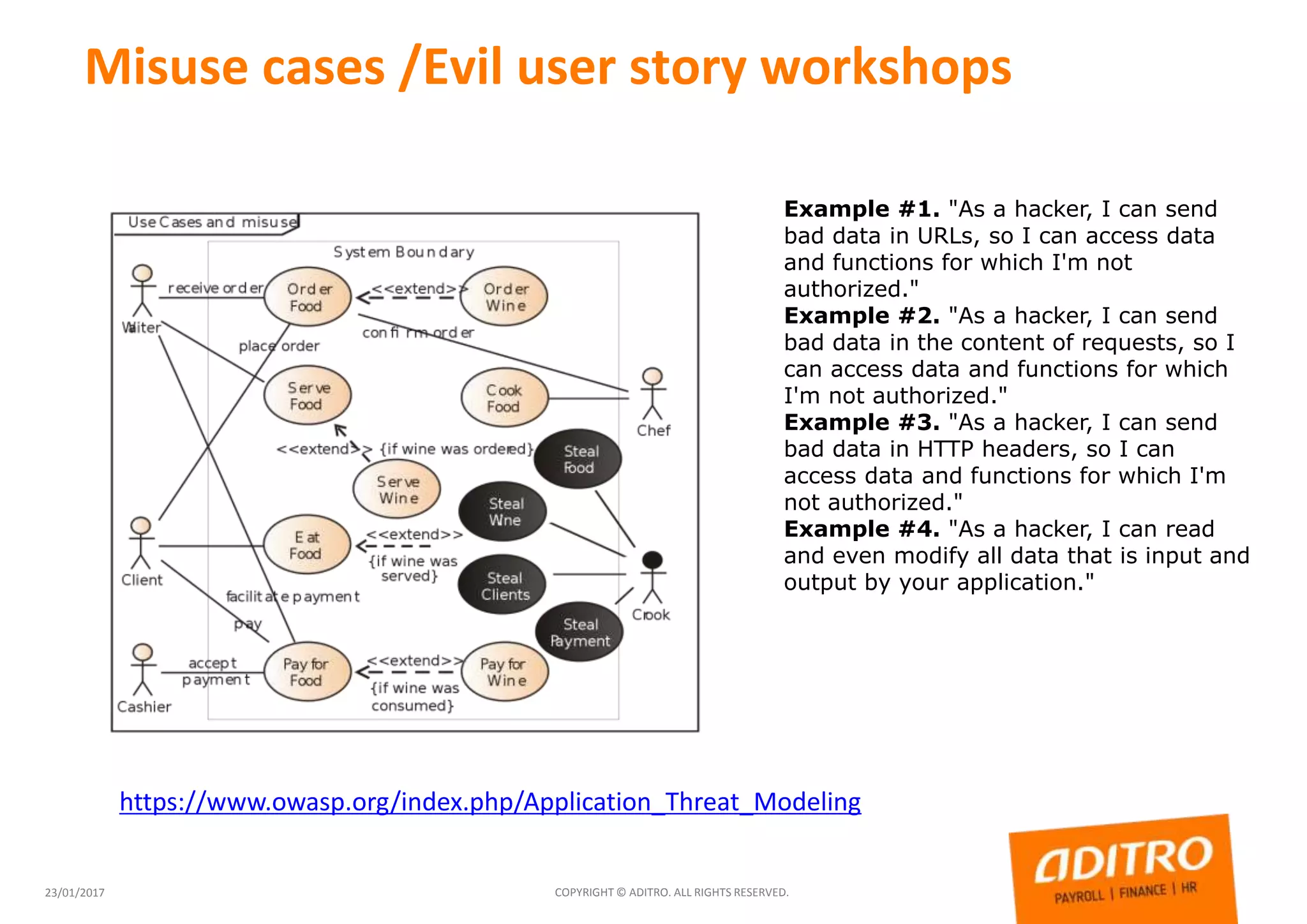 Misuse cases /Evil user story workshops
23/01/2017 COPYRIGHT © ADITRO. ALL RIGHTS RESERVED.
Example #1. "As a hacker, I can send
bad data in URLs, so I can access data
and functions for which I'm not
authorized."
Example #2. "As a hacker, I can send
bad data in the content of requests, so I
can access data and functions for which
I'm not authorized."
Example #3. "As a hacker, I can send
bad data in HTTP headers, so I can
access data and functions for which I'm
not authorized."
Example #4. "As a hacker, I can read
and even modify all data that is input and
output by your application."
https://www.owasp.org/index.php/Application_Threat_Modeling
 