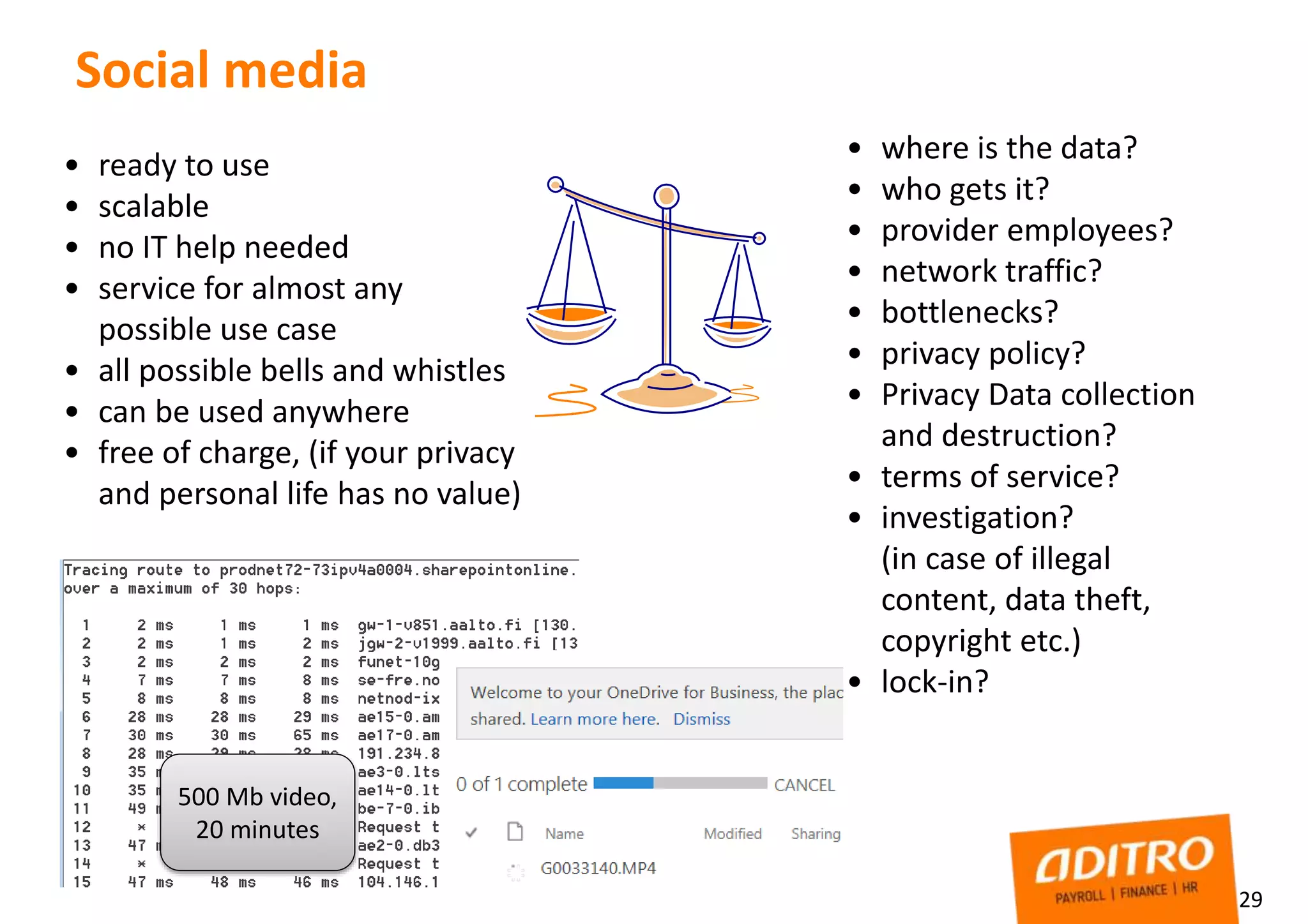29
Social media
• ready to use
• scalable
• no IT help needed
• service for almost any
possible use case
• all possible bells and whistles
• can be used anywhere
• free of charge, (if your privacy
and personal life has no value)
500 Mb video,
20 minutes
• where is the data?
• who gets it?
• provider employees?
• network traffic?
• bottlenecks?
• privacy policy?
• Privacy Data collection
and destruction?
• terms of service?
• investigation?
(in case of illegal
content, data theft,
copyright etc.)
• lock-in?
 