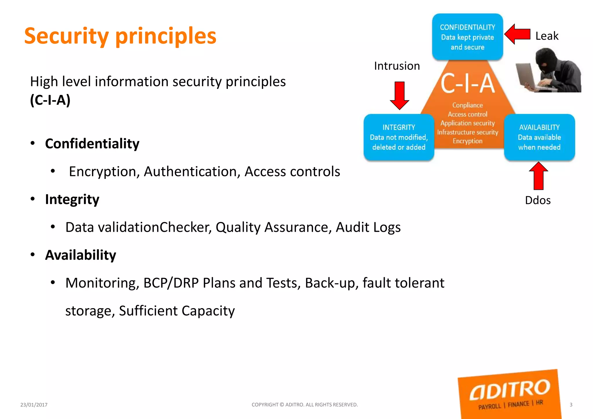 Security principles
23/01/2017 COPYRIGHT © ADITRO. ALL RIGHTS RESERVED. 3
High level information security principles
(C-I-A)
• Confidentiality
• Encryption, Authentication, Access controls
• Integrity
• Data validationChecker, Quality Assurance, Audit Logs
• Availability
• Monitoring, BCP/DRP Plans and Tests, Back-up, fault tolerant
storage, Sufficient Capacity
Ddos
Leak
Intrusion
 