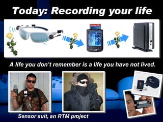 Today: Recording your life A life you don’t remember is a life you have not lived. Sensor suit, an RTM project 