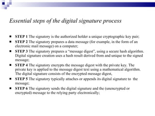 Essential steps of the digital signature process   STEP 1  The signatory is the authorized holder a unique cryptographic key pair; STEP 2  The signatory prepares a data message (for example, in the form of an electronic mail message) on a computer;  STEP 3  The signatory prepares a “message digest”, using a secure hash algorithm. Digital signature creation uses a hash result derived from and unique to the signed message; STEP 4  The signatory encrypts the message digest with the private key. The private key is applied to the message digest text using a mathematical algorithm. The digital signature consists of the encrypted message digest, STEP 5  The signatory typically attaches or appends its digital signature to  the message; STEP 6  The signatory sends the digital signature and the (unencrypted or encrypted) message to the relying party electronically; 
