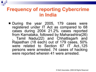 Frequency of reporting Cybercrime in India During the year 2005, 179 cases were registered under IT Act as compared to 68 cases during 2004 21.2% cases reported from Karnataka, followed by Maharashtra(26) , Tamil Nadu(22) and Chhattisgarh and Rajasthan (18 each) out of 179 cases, 50% were related to Section 67 IT Act.,125 persons were arrested. 74 cases of hacking were reported wherein 41 were arrested.  © Seth Associates, 2008 All Rights Reserved 