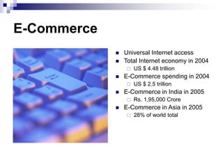 E-Commerce
 Universal Internet access
 Total Internet economy in 2004
 US $ 4.48 trillion
 E-Commerce spending in 2004
 US $ 2.5 trillion
 E-Commerce in India in 2005
 Rs. 1,95,000 Crore
 E-Commerce in Asia in 2005
 28% of world total
 
