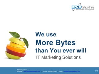 We use
                          More Bytes
                          than You ever will
                           IT Marketing Solutions

B2Bdatapartners
Website : www.b2bdatapartners.com   | Phone : 800-382-4081 | Email : info@b2bdatapartners.com   1/13
 
