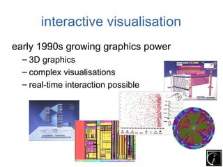 interactive visualisation
early 1990s growing graphics power
  – 3D graphics
  – complex visualisations
  – real-time interaction possible
 