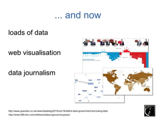 ... and now
loads of data

web visualisation

data journalism




http://www.guardian.co.uk/news/datablog/2010/oct/18/deficit-debt-government-borrowing-data
http://www-958.ibm.com/software/data/cognos/manyeyes/
 