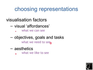 choosing representations
visualisation factors
  – visual ‘affordances’
       what we can see
    • what we can see
  – objectives, goals and tasks
    • what we need to see
       what we need to see

  – aesthetics
       what we like to see
    • what we like to see
 