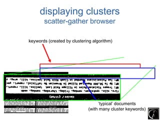displaying clusters
       scatter-gather browser

keywords (created by clustering algorithm)




                                  ‘typical’ documents
                             (with many cluster keywords)
 