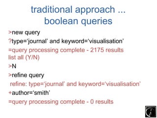 traditional approach ...
           boolean queries
>new query
?type=‘journal’ and keyword=‘visualisation’
=query processing complete - 2175 results
list all (Y/N)
>N
>refine query
 refine: type=‘journal’ and keyword=‘visualisation’
+author=‘smith’
=query processing complete - 0 results
 