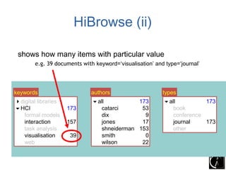 HiBrowse (ii)

 shows how many items with particular value
     – e.g. 39 documents with keyword=‘visualisation’ and type=‘journal’
       e.g. 39 documents with keyword=‘visualisation’ and type=‘journal’




keywords                     authors                     types
digital libraries            all           173         all          173
HCI                 173         catarci      53            book
   formal models                 dix           9            conference
   interaction       157         jones        17            journal    173
   task analysis                 shneiderman 153            other
   visualisation     39          smith         0
   web                           wilson       22
 