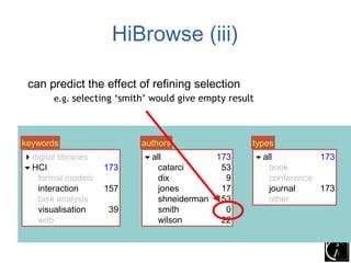 HiBrowse (iii)

 can predict the effect of refining selection
     – e.g. selecting‘smith’ would give empty resultresult
       e.g. selecting ‘smith’ would give empty




keywords                     authors                     types
digital libraries            all           173             all          173
HCI                 173         catarci      53                book
   formal models                 dix           9                conference
   interaction       157         jones        17                journal    173
   task analysis                 shneiderman 153                other
   visualisation     39          smith         0
   web                           wilson       22
 