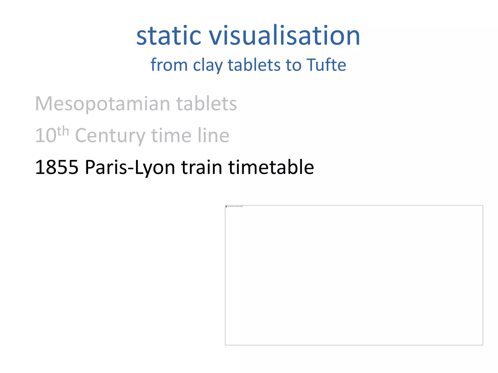 static visualisation
from clay tablets to Tufte
Mesopotamian tablets
10th Century time line
1855 Paris-Lyon train timetable
 