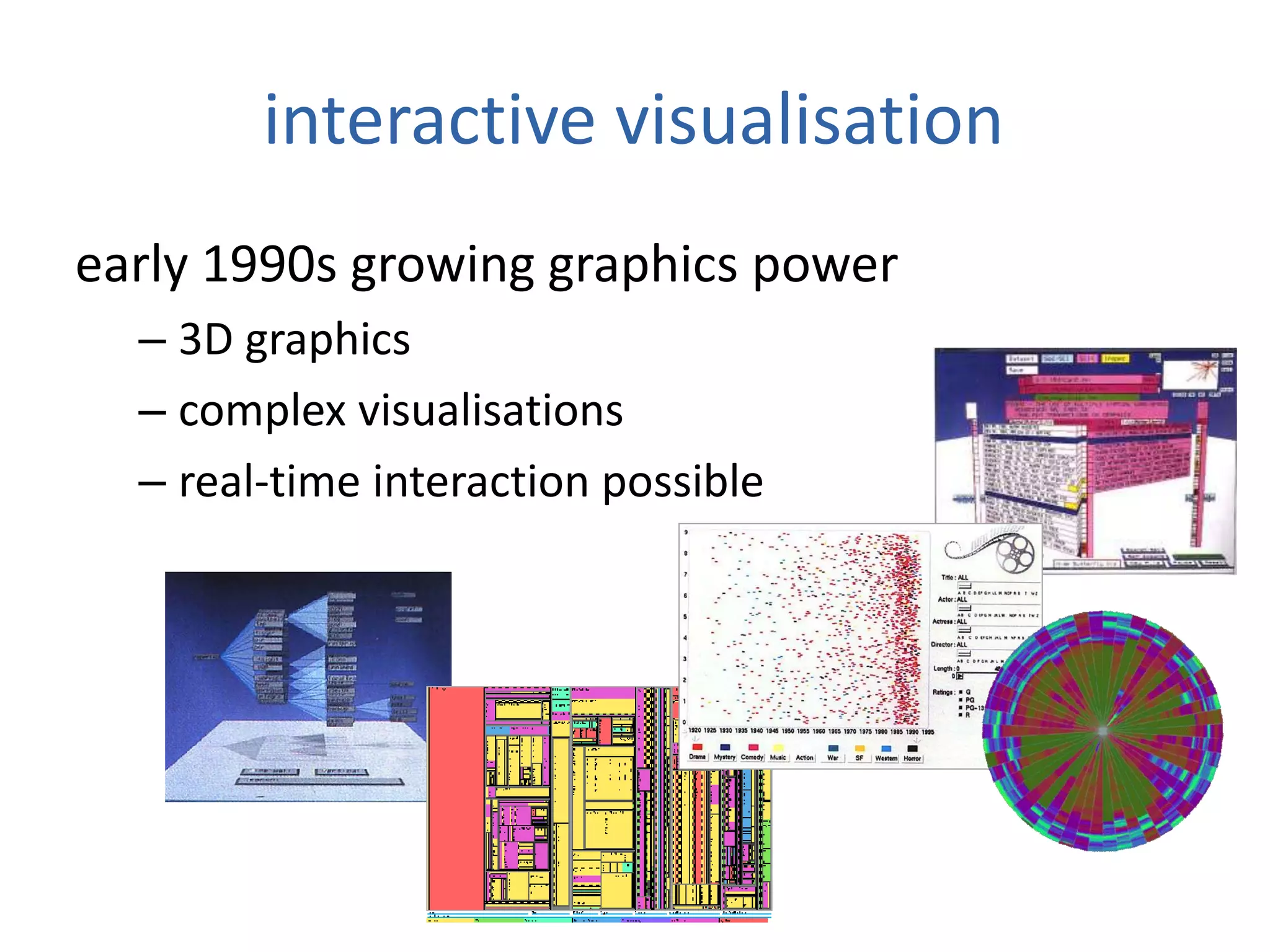 interactive visualisation
early 1990s growing graphics power
– 3D graphics
– complex visualisations
– real-time interaction possible
 
