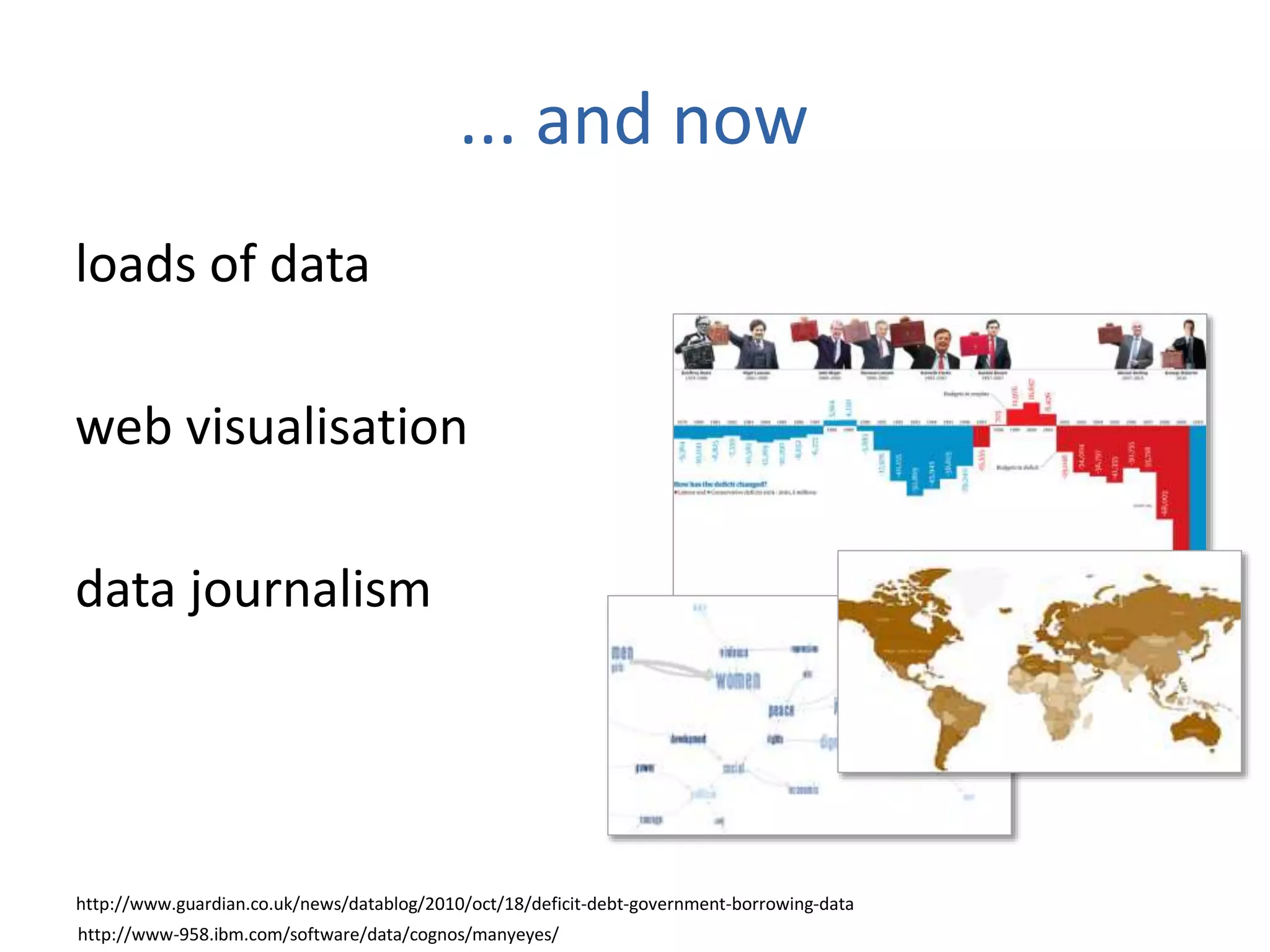... and now
loads of data
web visualisation
data journalism
http://www.guardian.co.uk/news/datablog/2010/oct/18/deficit-debt-government-borrowing-data
http://www-958.ibm.com/software/data/cognos/manyeyes/
 