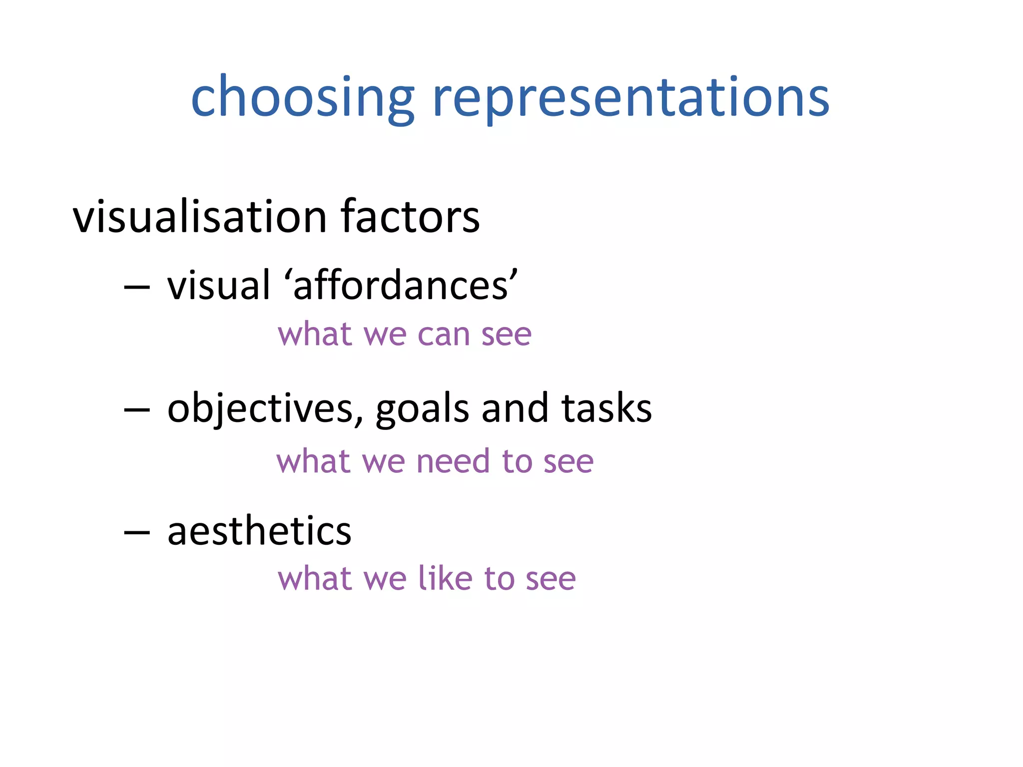 choosing representations
visualisation factors
– visual ‘affordances’
• what we can see
– objectives, goals and tasks
• what we need to see
– aesthetics
• what we like to see
what we can see
what we need to see
what we like to see
 