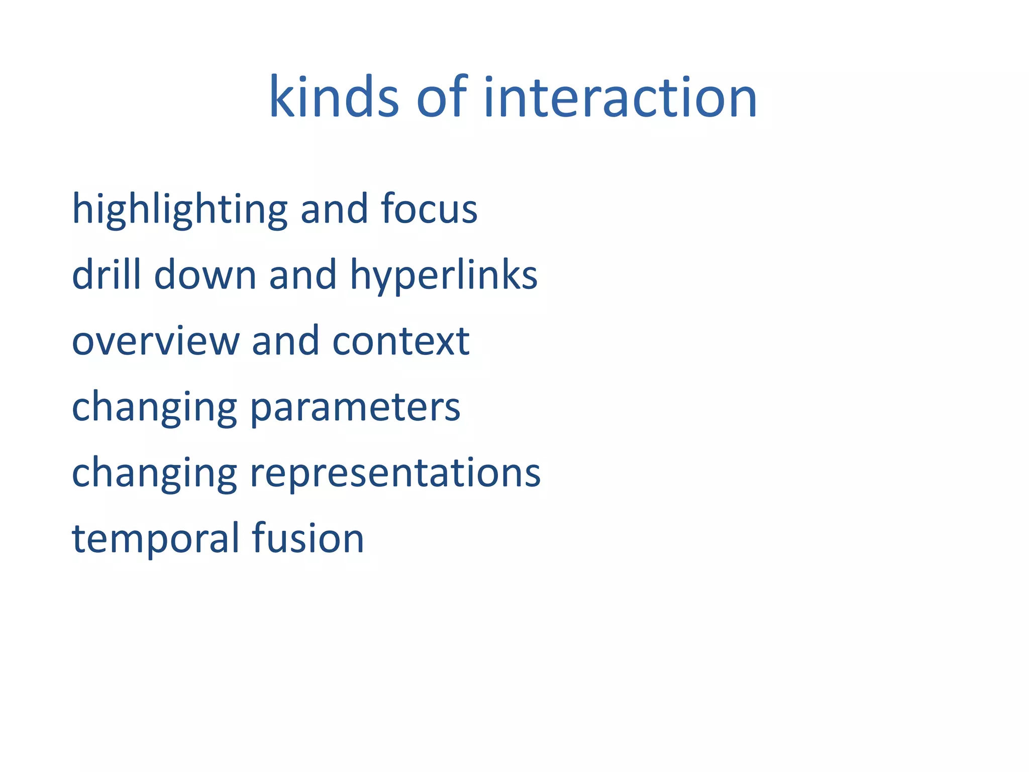 kinds of interaction
highlighting and focus
drill down and hyperlinks
overview and context
changing parameters
changing representations
temporal fusion
 