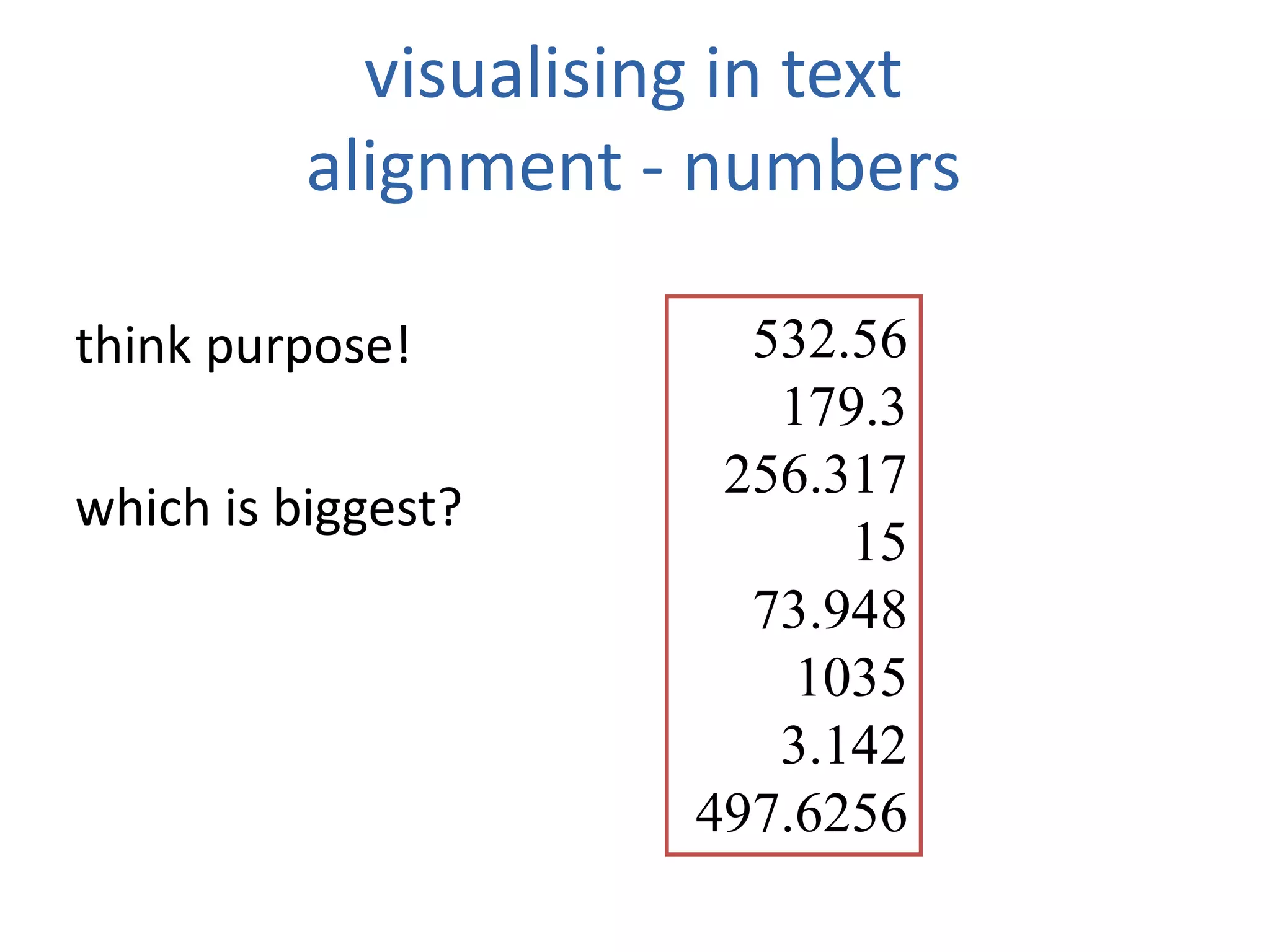 visualising in text
alignment - numbers
think purpose!
which is biggest?
532.56
179.3
256.317
15
73.948
1035
3.142
497.6256
 
