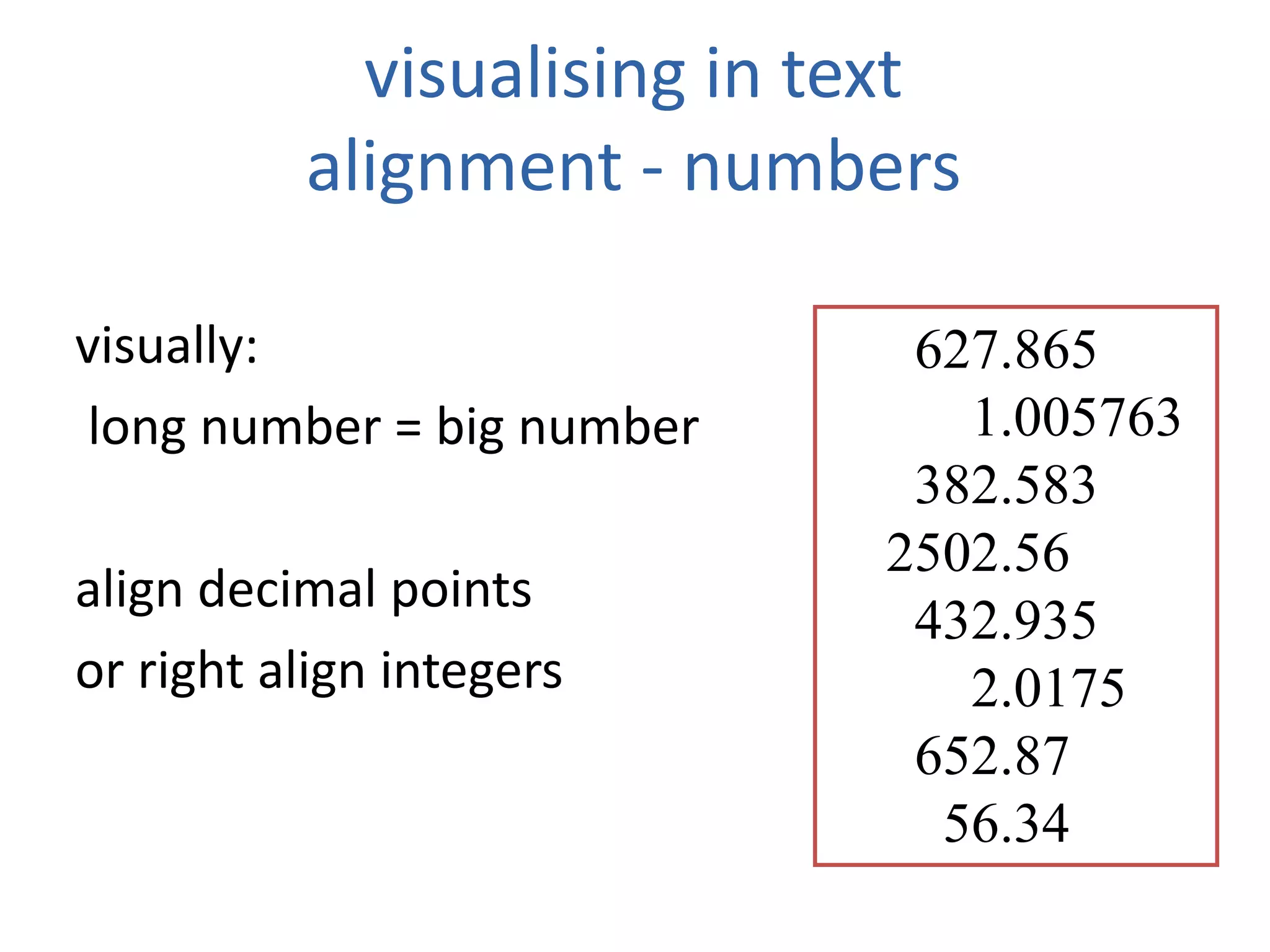visualising in text
alignment - numbers
visually:
long number = big number
align decimal points
or right align integers
627.865
1.005763
382.583
2502.56
432.935
2.0175
652.87
56.34
 