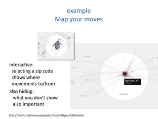 example
Map your moves
interactive:
selecting a zip code
shows where
movements to/from
also hiding:
what you don’t show
also important
http://moritz.stefaner.eu/projects/map%20your%20moves/
 