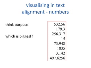 visualising in text
alignment - numbers
think purpose!
which is biggest?
532.56
179.3
256.317
15
73.948
1035
3.142
497.6256
 