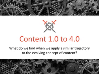 Content 1.0 to 4.0
What do we find when we apply a similar trajectory
to the evolving concept of content?
 