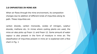 2.0 IMPURITIES IN MINE AIR
When air flows through the mine environment, its composition
changes due to addition of different kinds of impurities along its
path. These impurities are
carbon dioxide, carbon monoxide, oxides of nitrogen, sulphur
dioxide, methane etc. In mines where cooling plants are used, the
mine air also picks up Freon 11 and Freon 12. Some amount of water
vapour is also present in the form of moisture in mine air. The
classification of impurities present in mine air is explained with a flow
chart in Fig. 1
 