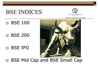 BSE INDICES
 BSE 100
 BSE 200
 BSE IPO
 BSE Mid Cap and BSE Small Cap
 