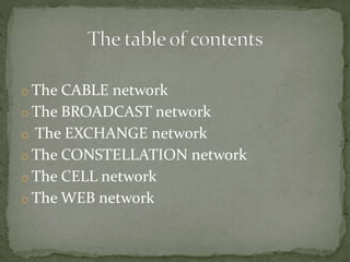 o The CABLE network
o The BROADCAST network
o The EXCHANGE network
o The CONSTELLATION network
o The CELL network
o The WEB network
 