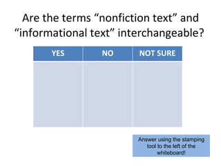 Are the terms “nonfiction text” and “informational text” interchangeable?  Answer using the stamping tool to the left of t...