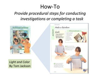 How-To <ul><li>Provide procedural steps for conducting investigations or completing a task </li></ul>Light and Color By To...