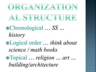Chronological … SS … 
history 
Logical order … think about 
science / math books 
Topical … religion … art … 
building/architecture 
 