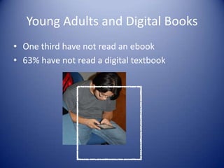Young Adults and Digital Books
• One third have not read an ebook
• 63% have not read a digital textbook
 