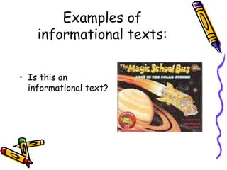 Examples of
informational texts:
• Is this an
informational text?
 