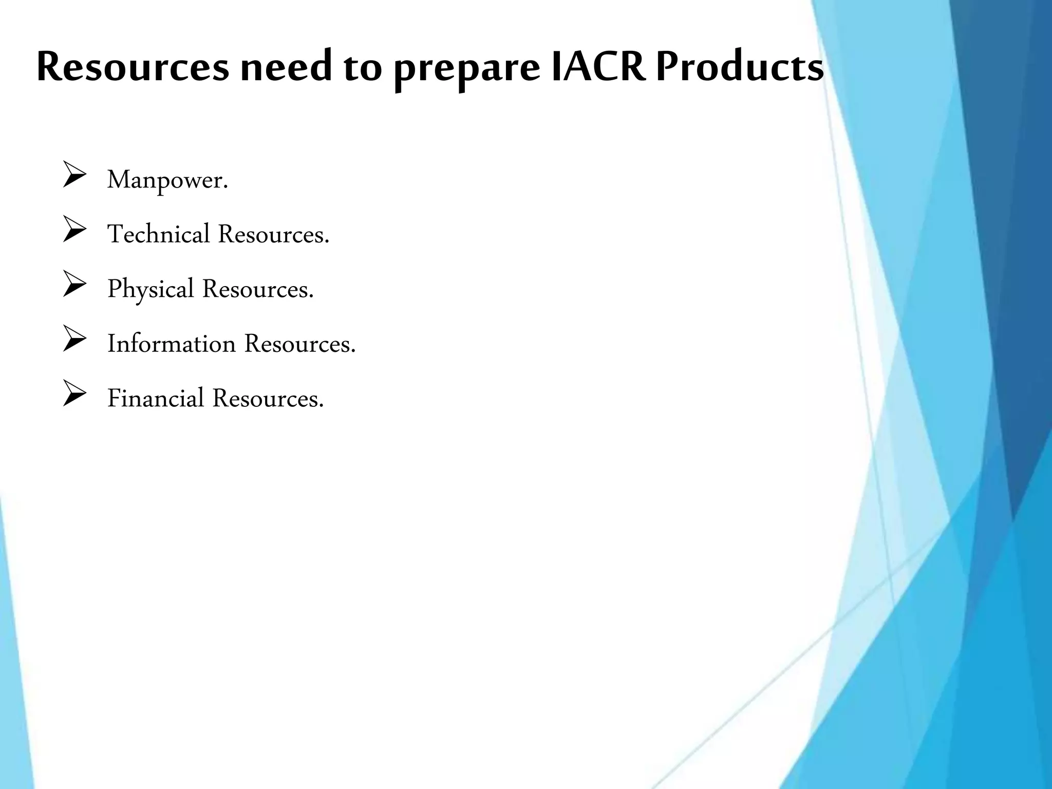 Resources needto prepare IACR Products
 Manpower.
 Technical Resources.
 Physical Resources.
 Information Resources.
 Financial Resources.
 