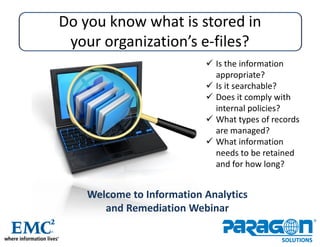 Paragon Solutions, Inc. Proprietary
- 1 -
Do you know what is stored in
your organization’s e-files?
 Is the information
appropriate?
 Is it searchable?
 Does it comply with
internal policies?
 What types of records
are managed?
 What information
needs to be retained
and for how long?
Welcome to Information Analytics
and Remediation Webinar
 
