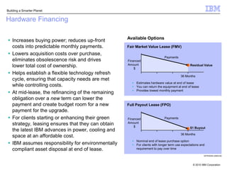 Contact Theresa Marshall/Rochester/IBM if you have questions or need assistance in developing a customized financing solution to meet your customer’s needs. IBM Global Financing at-a-glanceIBM Global FinancingExperts in financing technology and solutions Focuses primarily on solution and    technology financing