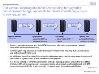 ServicesIBM Financing Advantage: Affordable, Simple, Accessible, CompleteClients are feeling pressure to do more with less and get more value from their infrastructure investments. A smarter funding strategy can help you meet budget and cash flow objectives in a capital-constrained environment.Access to funding is a major impediment to realizing a solution’s post-implementation benefits.  Costs are heaviest at the front end of a project, while benefits do not fully accrue until a project is well underway. This makes financial justification difficult.With IBM Financing Advantage, you can overcome this challenge.  Financing allows costs and benefits to track more closely. IBM Financing Advantage can help to reduce up-front costs and structure your monthly payments to anticipated benefits.  This can help ease the decision to invest in solutions that have longer payback periods. IBM Financing Advantage, from IBM Global Financing, offers credit qualified mid-sized companies access to affordable leases and loans for a complete IT solution for both IBM and non-IBM hardware, software and services.Financing helps clients meet budget and cash flow objectives in a capital-constrained environment by: Providing predictable monthly paymentsPreserving cash flow for higher-yield investments Allowing more acquisitions within current budget Accelerating implementation of new technology Matching payments to business needs