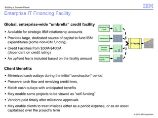 Payments timed with project milestones    Benefits of using the new solution (ROI)Cost of theproject$IBM Global Financing paymentsClient BenefitsTurns up-front costs into affordable and predictable payments 