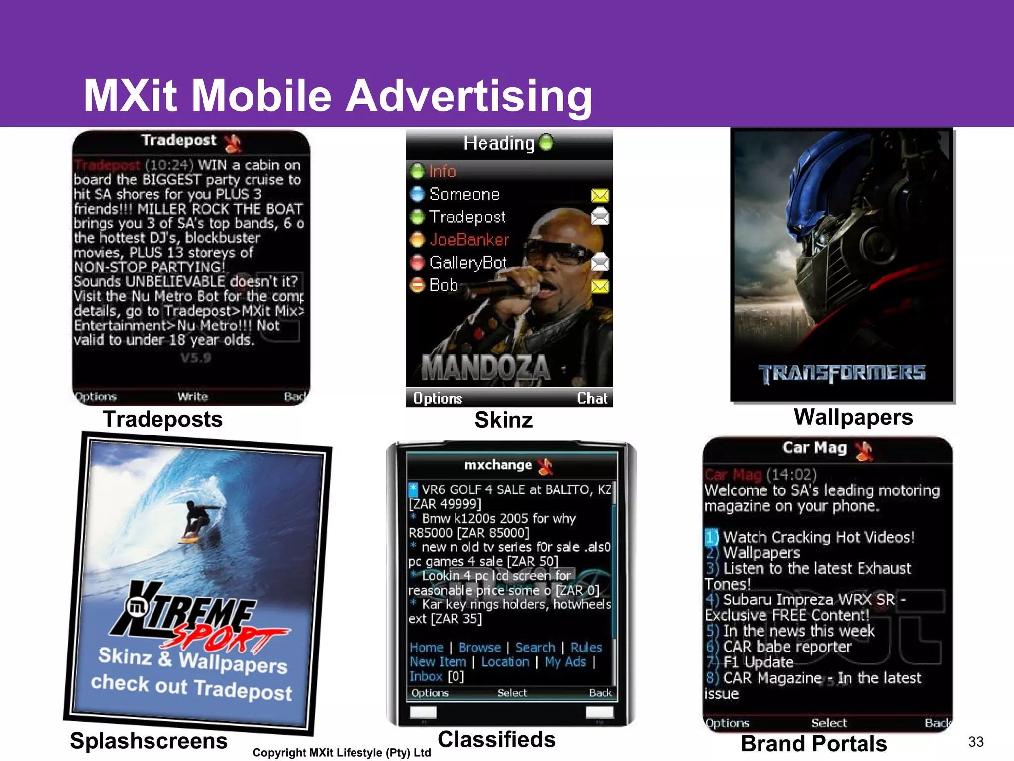 MXit Mobile Advertising Splashscreens Tradeposts Wallpapers Brand Portals Skinz Classifieds Copyright MXit Lifestyle (Pty) Ltd 
