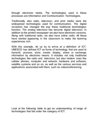 through electronic media. The technologies used in these
processes are Information and Communication Technologies.
Traditionally also radio, television, and print media were the
widespread technologies used for communication. The digital
revolution has changed the way these traditional technologies
function. The analog television has become digital television. In
addition to the printed newspaper we also have electronic versions.
Along with traditional radio, we also have online radio. All these
have started appearing in the classroom to make the learning
experiences rich.
With this example, let us try to arrive at a definition of ICT.
UNESCO has defined ICT as forms of technology that are used to
transmit, process, store, create, display, share or exchange
information by electronic means. It includes not only traditional
technologies like radio and television, but also modern ones like
cellular phones, computer and network, hardware and software,
satellite systems and so on, as well as the various services and
applications associated with them, such as videoconferencing.
Look at the following table to get an understanding of range of
technologies that fall under the category of ICT.
 