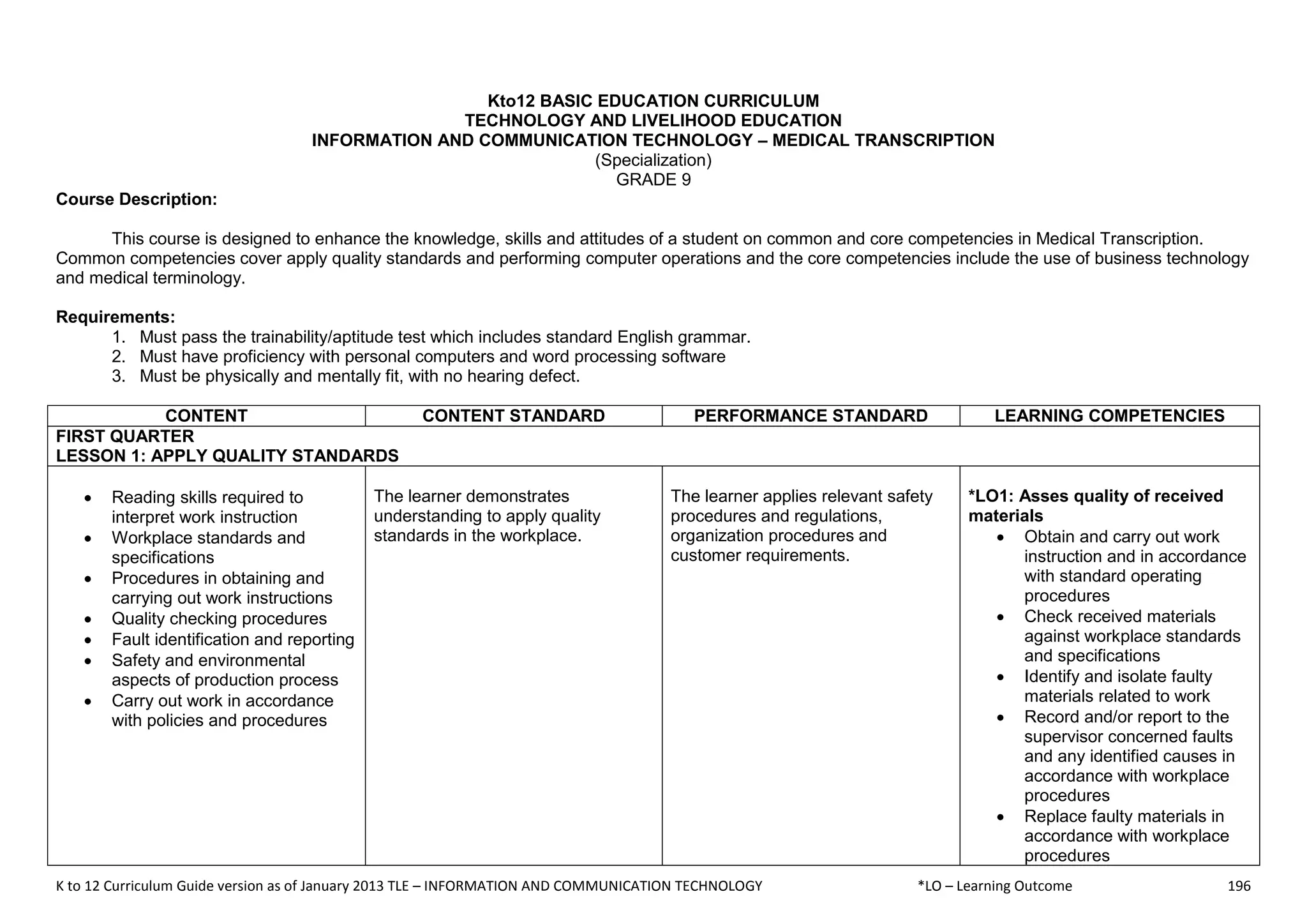 K to 12 Curriculum Guide version as of January 2013 TLE – INFORMATION AND COMMUNICATION TECHNOLOGY *LO – Learning Outcome 196
Kto12 BASIC EDUCATION CURRICULUM
TECHNOLOGY AND LIVELIHOOD EDUCATION
INFORMATION AND COMMUNICATION TECHNOLOGY – MEDICAL TRANSCRIPTION
(Specialization)
GRADE 9
Course Description:
This course is designed to enhance the knowledge, skills and attitudes of a student on common and core competencies in Medical Transcription.
Common competencies cover apply quality standards and performing computer operations and the core competencies include the use of business technology
and medical terminology.
Requirements:
1. Must pass the trainability/aptitude test which includes standard English grammar.
2. Must have proficiency with personal computers and word processing software
3. Must be physically and mentally fit, with no hearing defect.
CONTENT CONTENT STANDARD PERFORMANCE STANDARD LEARNING COMPETENCIES
FIRST QUARTER
LESSON 1: APPLY QUALITY STANDARDS
 Reading skills required to
interpret work instruction
 Workplace standards and
specifications
 Procedures in obtaining and
carrying out work instructions
 Quality checking procedures
 Fault identification and reporting
 Safety and environmental
aspects of production process
 Carry out work in accordance
with policies and procedures
The learner demonstrates
understanding to apply quality
standards in the workplace.
The learner applies relevant safety
procedures and regulations,
organization procedures and
customer requirements.
*LO1: Asses quality of received
materials
 Obtain and carry out work
instruction and in accordance
with standard operating
procedures
 Check received materials
against workplace standards
and specifications
 Identify and isolate faulty
materials related to work
 Record and/or report to the
supervisor concerned faults
and any identified causes in
accordance with workplace
procedures
 Replace faulty materials in
accordance with workplace
procedures
 