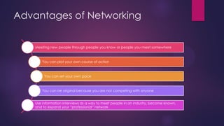 Advantages of Networking
Meeting new people through people you know or people you meet somewhere

You can plot your own course of action

You can set your own pace

You can be original because you are not competing with anyone
Use information interviews as a way to meet people in an industry, become known,
and to expand your “professional” network

 