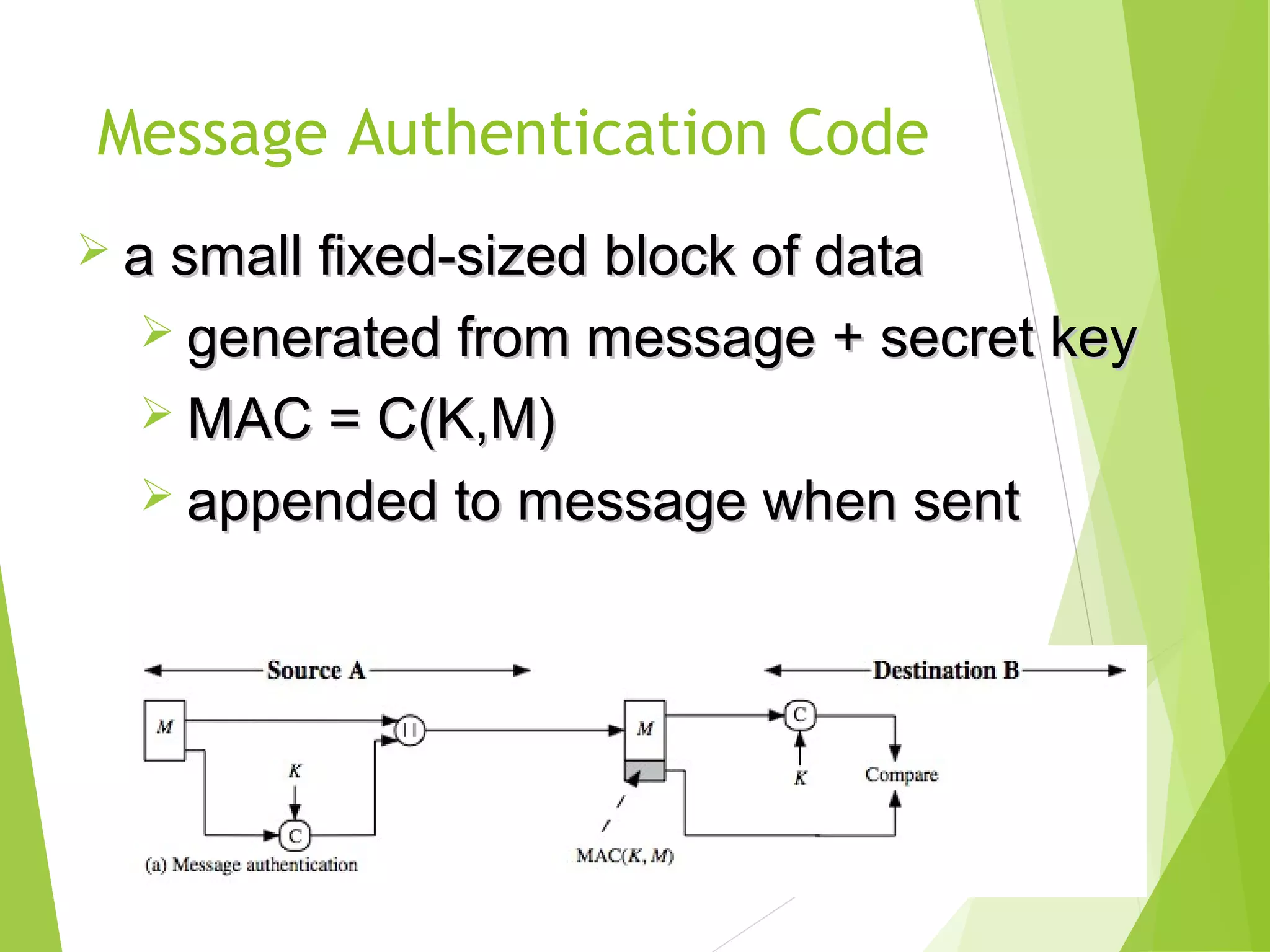 Message Authentication Code  a small fixed-sized block of dataa small fixed-sized block of data  generated from message + secret keygenerated from message + secret key  MAC = C(K,M)MAC = C(K,M)  appended to message when sentappended to message when sent 