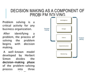 DECISION MAKING AS A COMPONENT OF
PROBLEM SOLVING
Problem solving is a
critical activity for any
business organization.
After identifying a
problem, the process of
solving the problem
begins with decision
making.
A well-known model
developed by Herbert
Simon divides the
decision-making phase
of the problem-solving
process into three
 