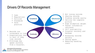 28
Drivers Of Records Management
• Laws
• Regulations
• Policies
• Standards
• Good
practice
• Records are
vulnerable to loss
• Organizations tend
to fail if they
lose records
• E-storage may
speed recovery
from a disaster.
• Accessing records
quickly
• Saving space
• Reducing handling
costs
• Not losing records
• Sharing records
• Finding records easily
• Getting the complete
picture
• High evidential weight
• Faster information
retrieval
• 24/7 availability
• Disaster recovery and
backups
Information & Documentation
ISO 15489 - Concepts, principles and Guidelines
Business Process Management - LIMU
 