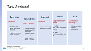 34
Types of metadata?
Descriptive
(information)
• title, author, and
subject matter of the
document.
• helps users locate and
identify documents.
Administrative
(privacy & security)
• contains information
about the copyright,
permissions,
restrictions, license
agreements.
• identify who can
access a document
Structural
(information)
• useful in warehousing
and machine learning.
Business
(organization-specific
details)
• what
what a piece of information
means
• how
how the organization uses
it.
Social
(user interactions
surrounding)
• chat logs, user notes,
comments,
bookmarks, etc
Information & Documentation
ISO 15489 - Concepts, principles and Guidelines
Business Process Management - LIMU
 