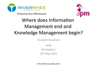 © RiverRhee	
  Consul.ng	
  2013	
  
Where	
  does	
  Informa.on	
  
Management	
  end	
  and	
  
Knowledge	
  Management	
  begin?	
  
Elisabeth	
  Goodman	
  
APM	
  
Birmingham	
  
14th	
  May	
  2013	
  
Enhancing Team Effectiveness
 