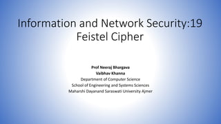 Information and Network Security:19
Feistel Cipher
Prof Neeraj Bhargava
Vaibhav Khanna
Department of Computer Science
School of Engineering and Systems Sciences
Maharshi Dayanand Saraswati University Ajmer
 